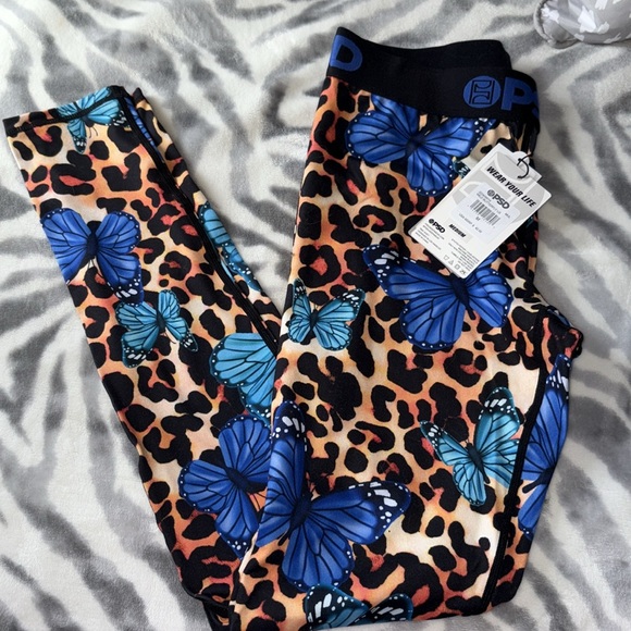 PSD womens Leopard Print Leggings with Blue Butterflies - Picture 4 of 5